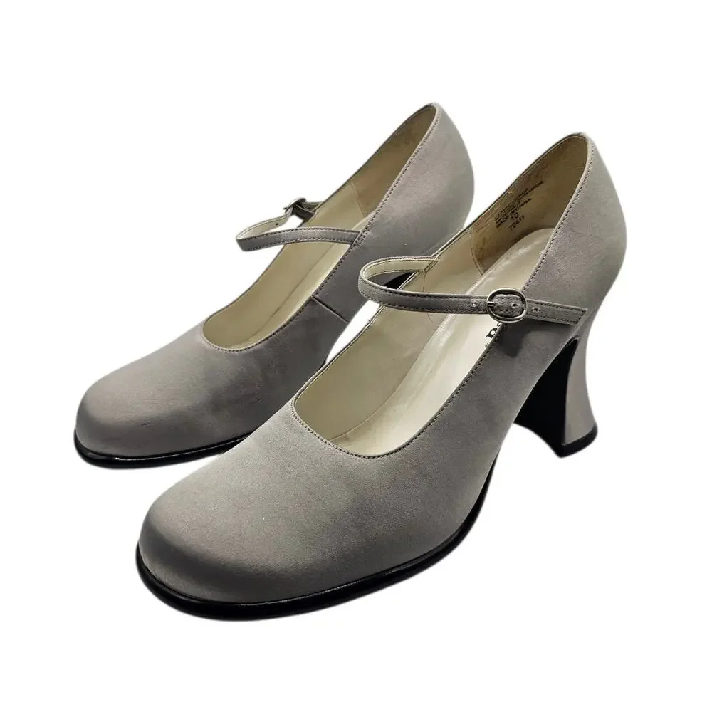 Unlisted Vintage Y2K Light Blue Gray Satin Mary Jane Flared Heels